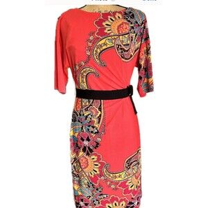 DONNA MORGAN Women Red Paisley Dress SZ 8 Stretch Boat Neck 3/4” Sleeves Lined